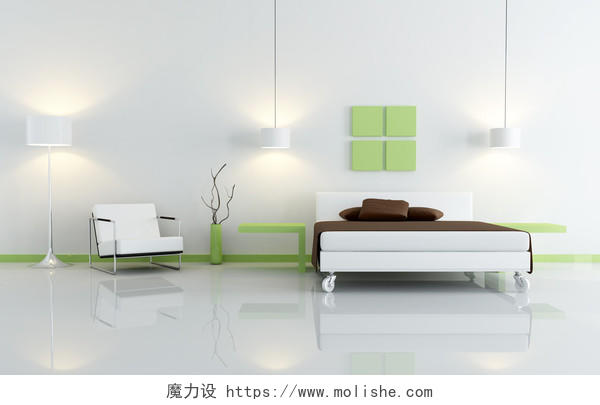 当代绿色和白色卧房